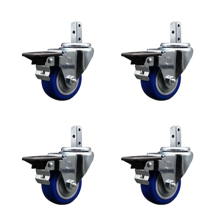Service Caster 3'' Blue Poly Wheel Swivel 3/4'' Square Stem Caster Set with Brake, 4PK SCC-SQ20S314-PPUB-BLUE-PLB-34-4